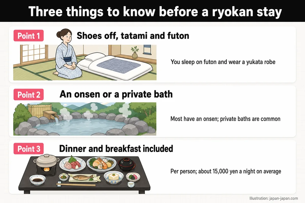 Three things to know before a ryokan stay. Point 1. Shoes off, tatami and futon. You sleep on futon and wear a yukata robe.