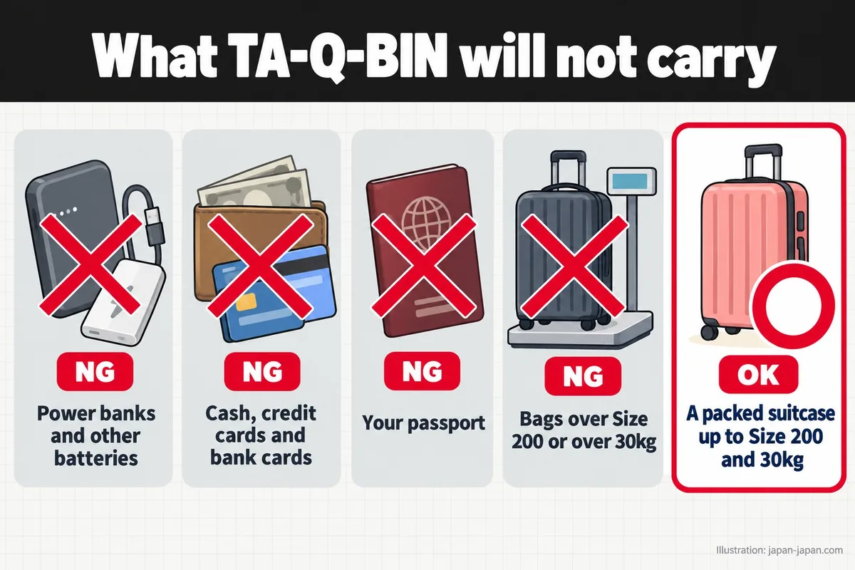 What TA-Q-BIN will not carry. Power banks and other batteries. Cash, credit cards and bank cards. Your passport.