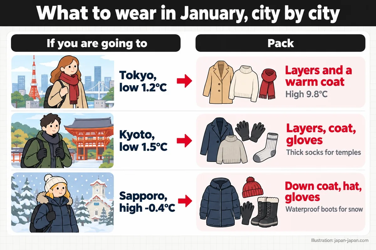 What to wear in January, city by city. If you are going to. Pack. Tokyo, low 1.2°C. Layers and a warm coat. High 9.8°C.