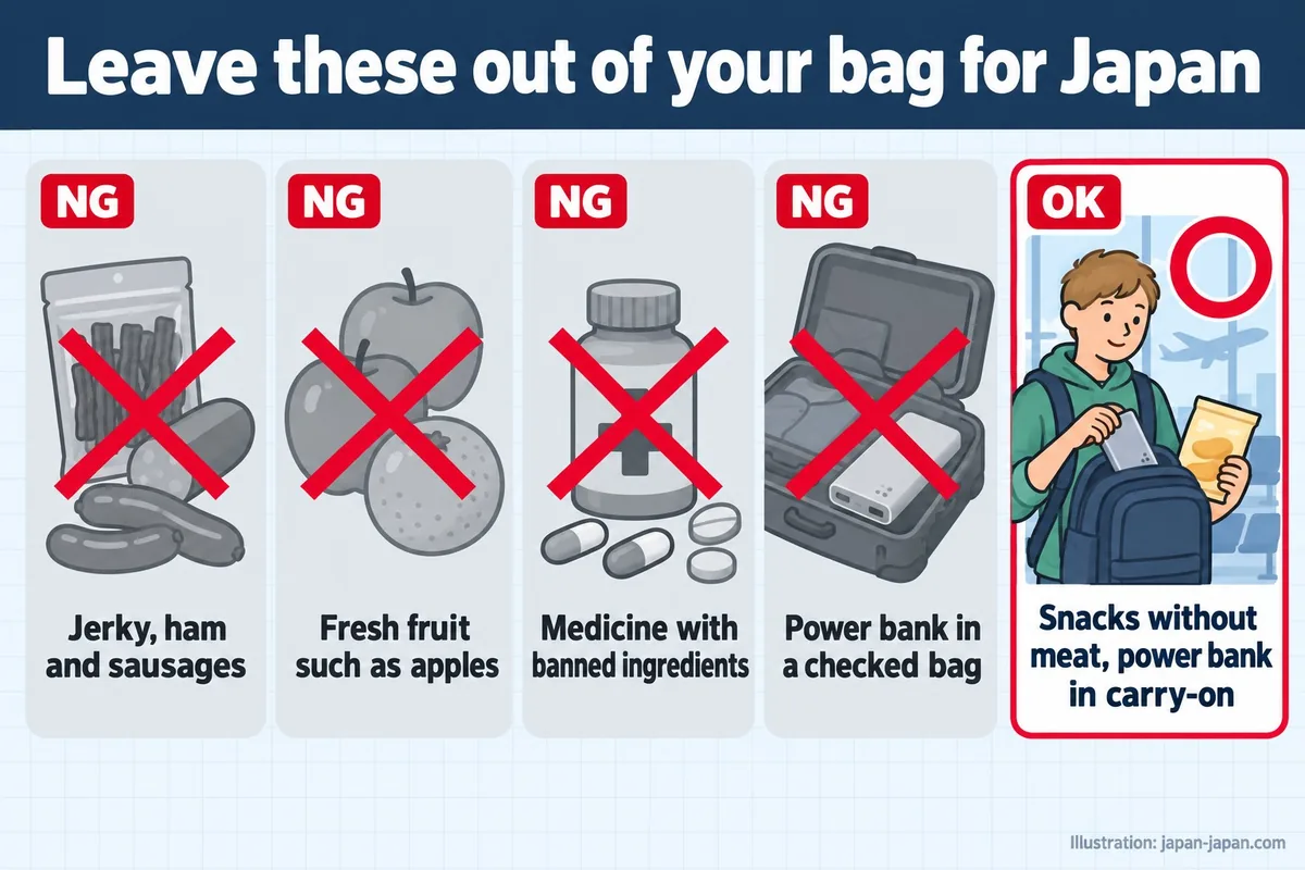 Leave these out of your bag for Japan. Jerky, ham and sausages. Fresh fruit such as apples.