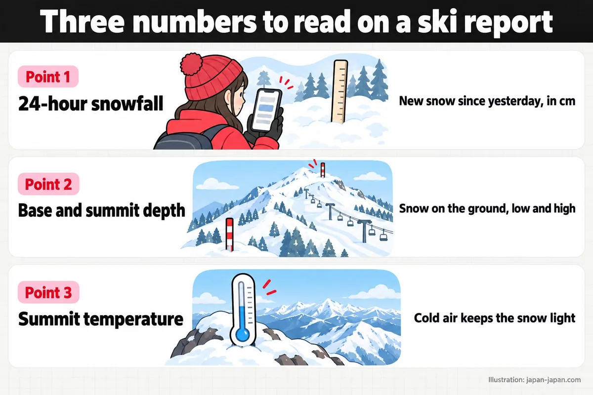 Three numbers to read on a ski report. Point 1. 24-hour snowfall. New snow since yesterday, in cm. Point 2.