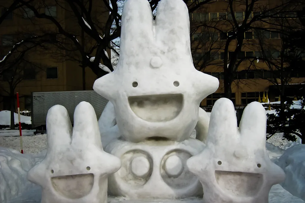 Three white snow sculptures of smiling cartoon characters with round eyes at the Sapporo Snow Festival