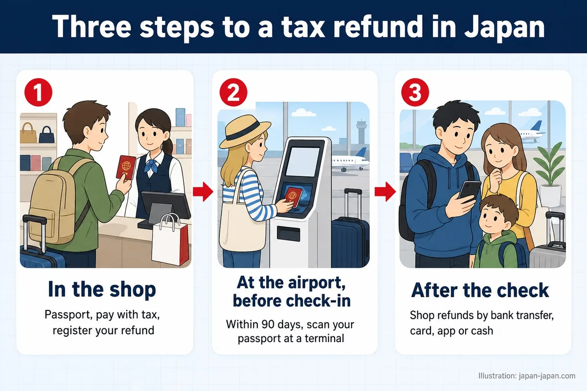 Three steps to a tax refund in Japan. In the shop. Passport, pay with tax, register your refund.