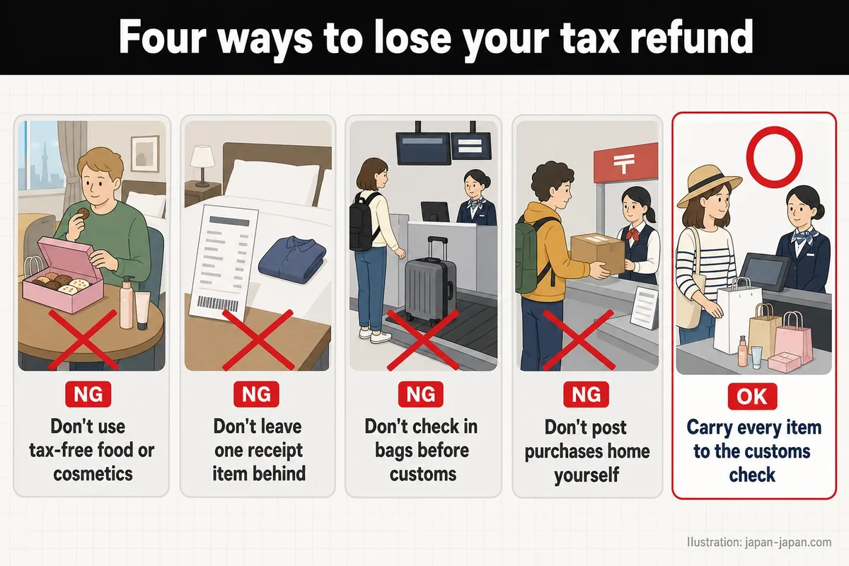 Four ways to lose your tax refund. Don't use tax-free food or cosmetics. Don't leave one receipt item behind.