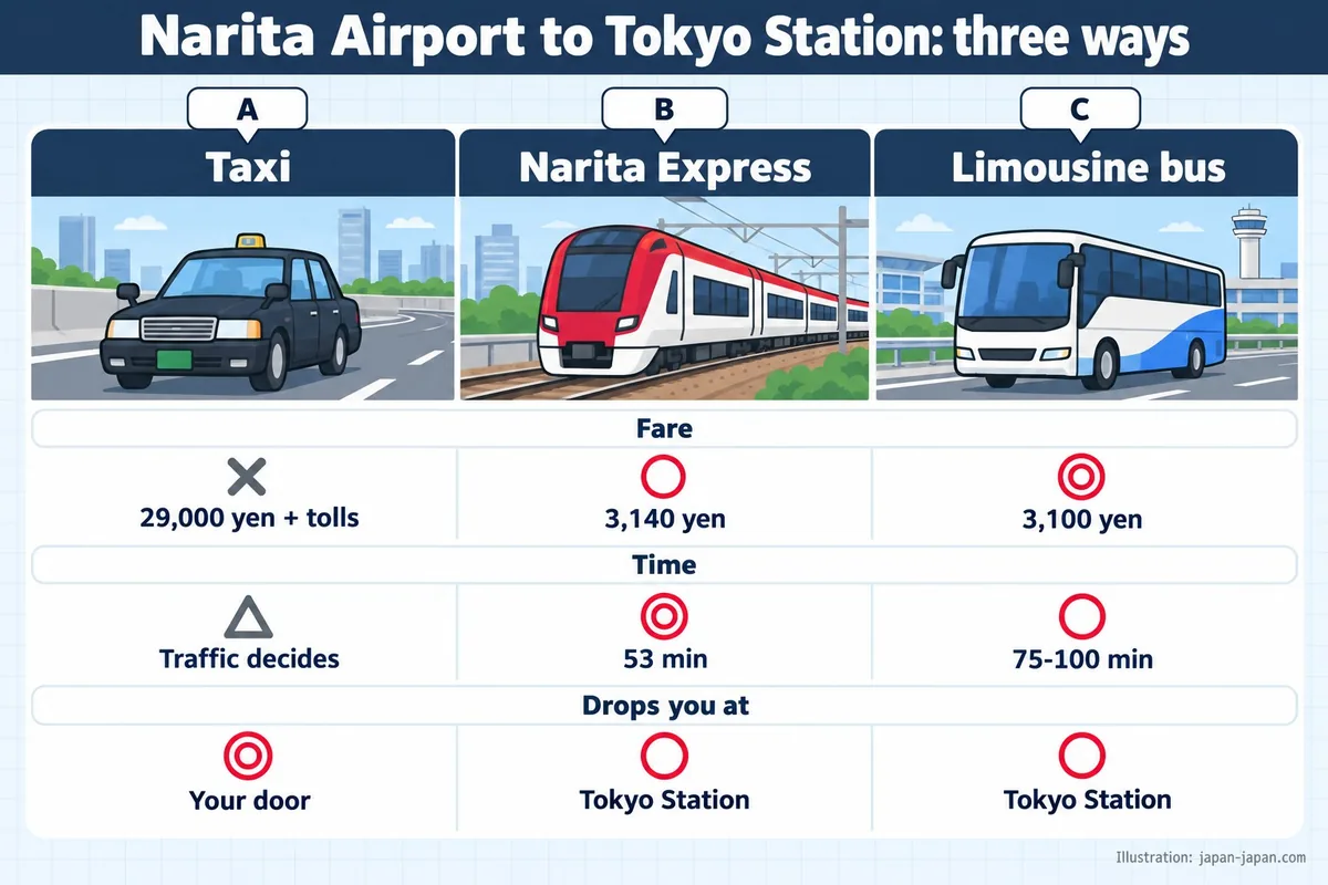Narita Airport to Tokyo Station: three ways. A. Taxi. B. Narita Express. C. Limousine bus. Fare. 29,000 yen + tolls.
