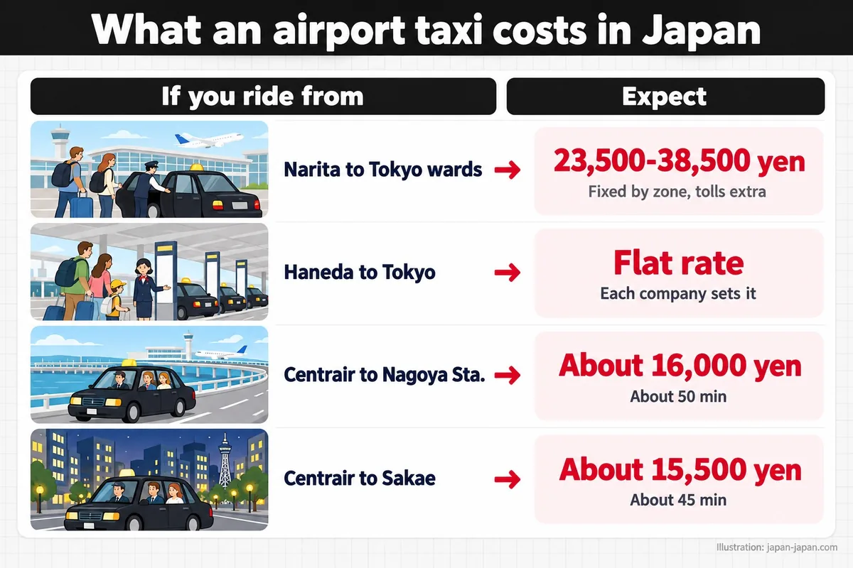 What an airport taxi costs in Japan. If you ride from. Expect. Narita to Tokyo wards. 23,500-38,500 yen.