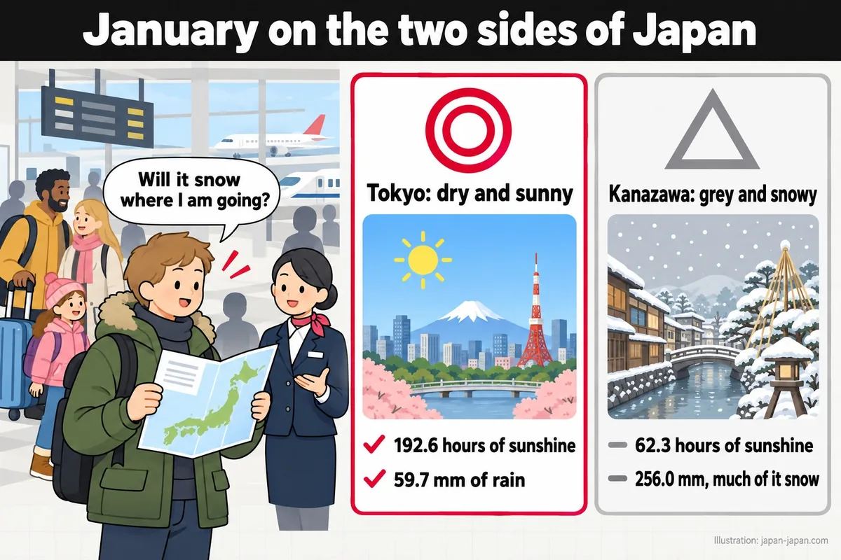 日本の東西で異なる1月。行き先では雪は降る？東京：乾燥して晴れ。日照時間192.6時間。
