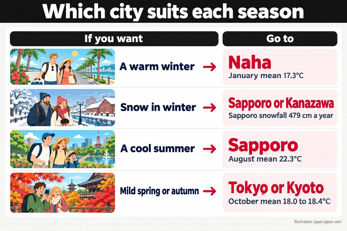 季節ごとに合う都市。希望。行き先。暖かい冬。那覇。1月の平均気温17.3°C。冬の雪。