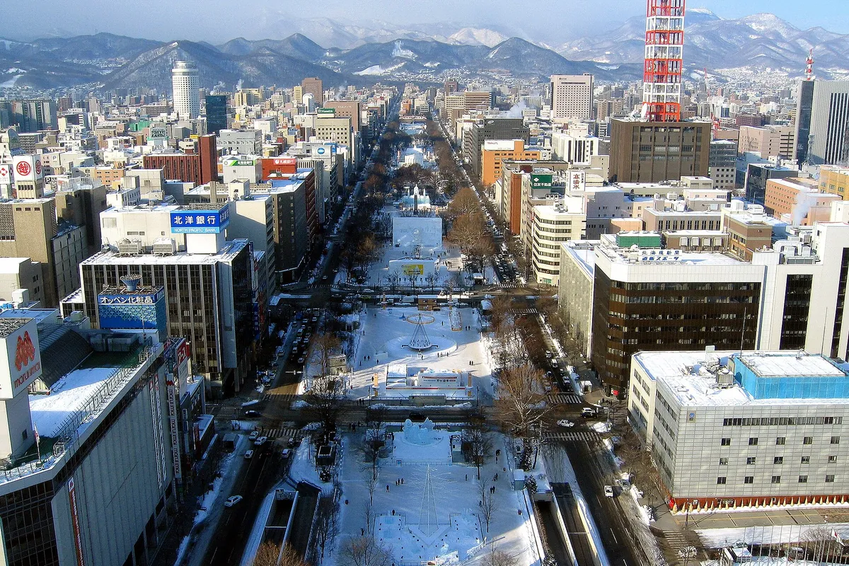雪に覆われた札幌の大通公園の空撮。遠くにテレビ塔が見える