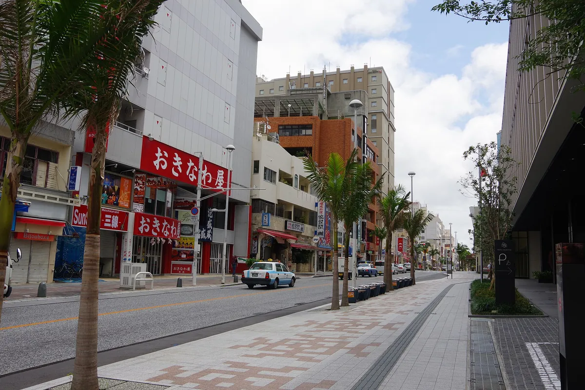 ヤシの木や店、建物が並ぶ沖縄・那覇の国際通り。道路にはタクシーが見える