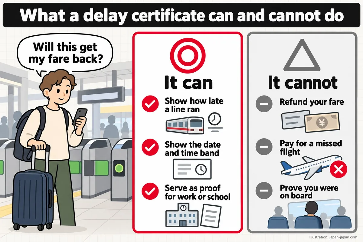 What a delay certificate can and cannot do. Will this get my fare back? It can. Show how late a line ran.
