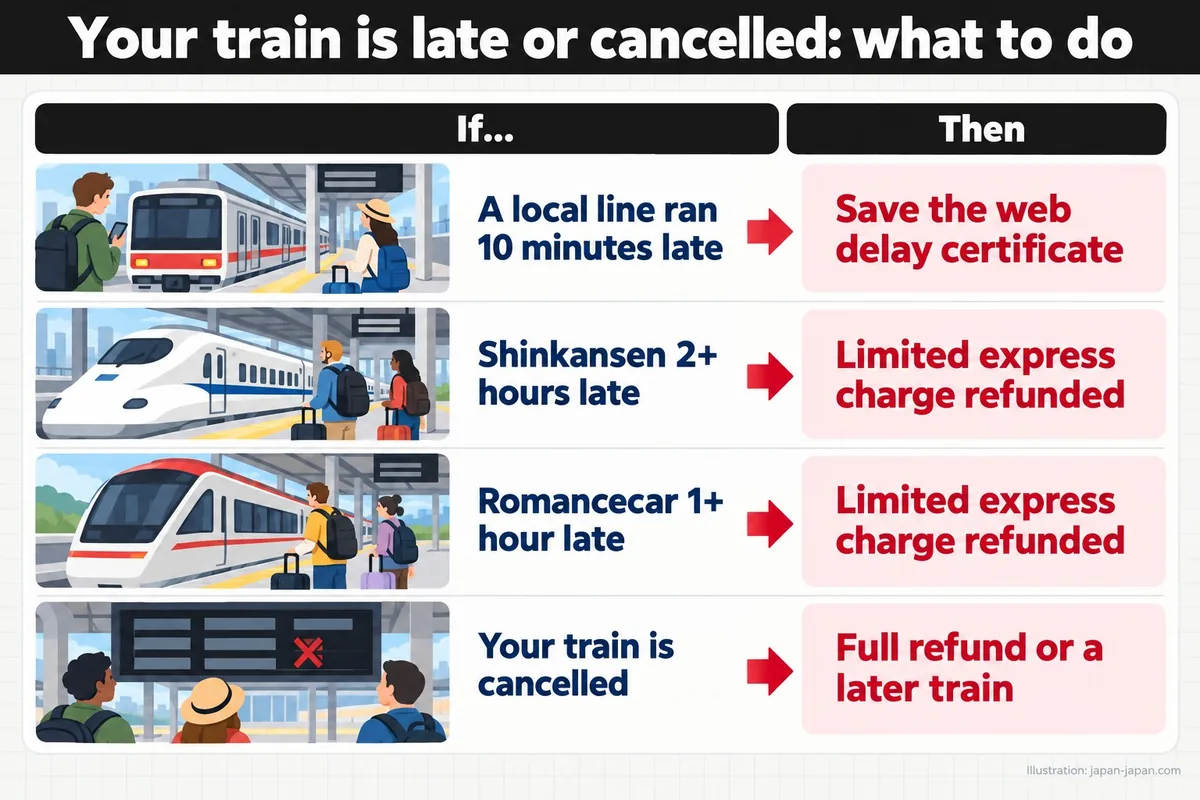 Your train is late or cancelled: what to do. If.... Then. A local line ran 10 minutes late. Save the web delay certificate.