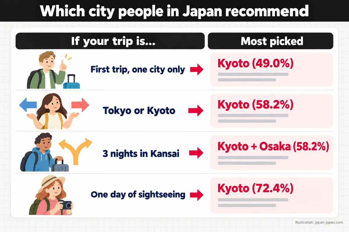 Which city people in Japan recommend. If your trip is…. Most picked. First trip, one city only. Kyoto (49.0%).