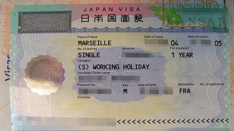 A Japanese visa sticker on a passport page, showing single-entry working holiday visa details