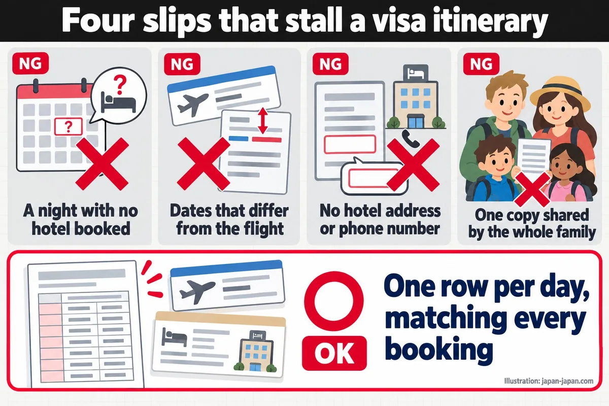 Four slips that stall a visa itinerary. A night with no hotel booked. Dates that differ from the flight.