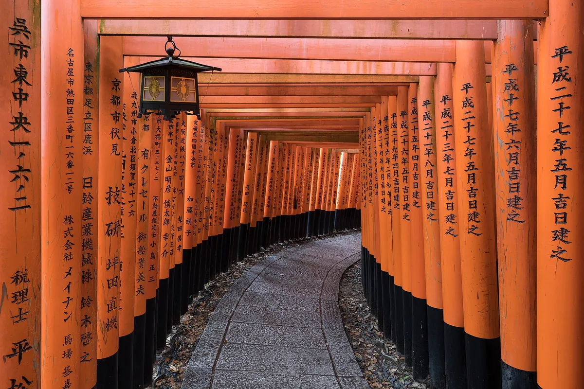 Rows of orange torii gates with a hanging lantern forming a tunnel path at Fushimi Inari Taisha shrine in Kyoto, Japan