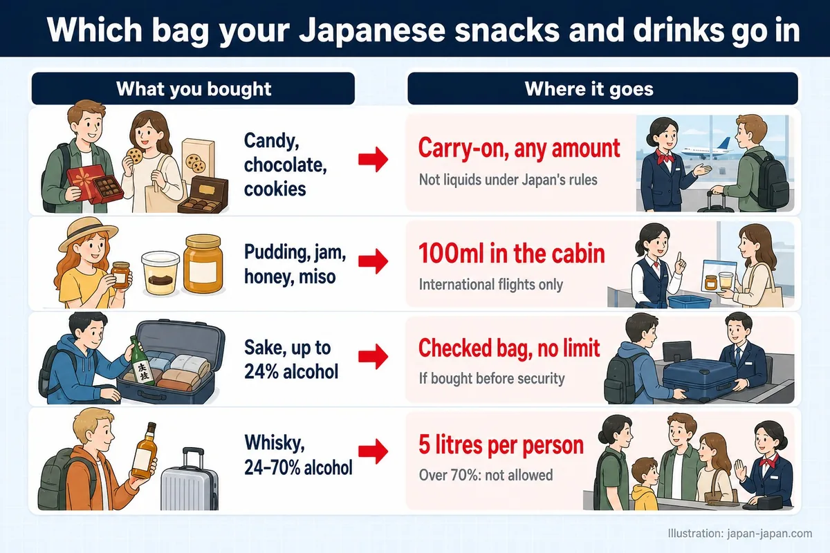 日本のお菓子や飲み物がどちらのバッグに入るか。買ったもの。入れ先。キャンディ、チョコレート、クッキー。