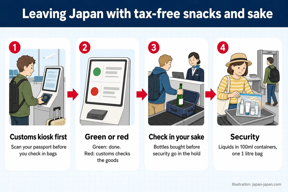 免税のお菓子や日本酒を持って日本を出国する。まず税関キオスク。荷物を預ける前にパスポートをスキャン。緑か赤か。