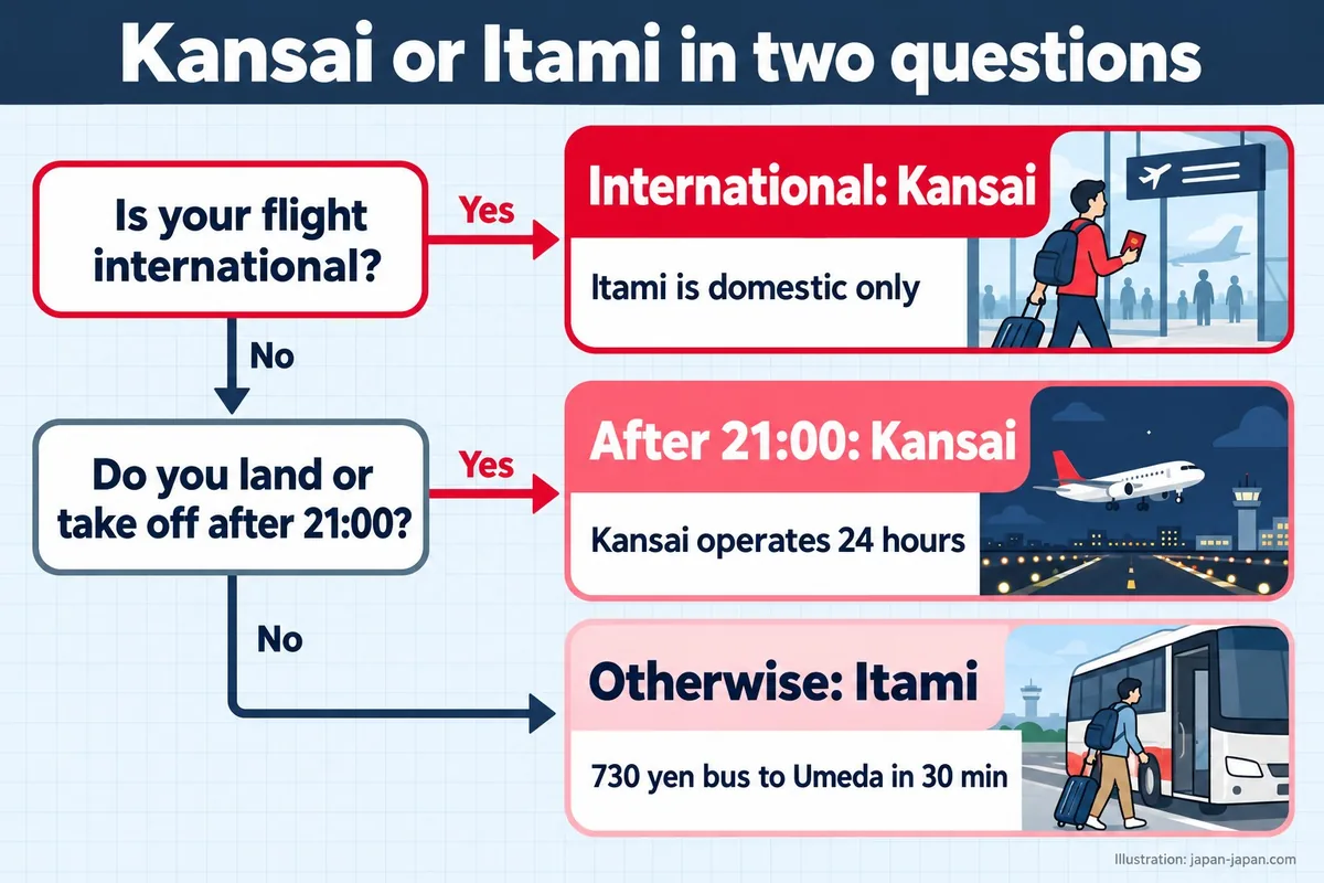 Kansai or Itami in two questions. Is your flight international? Do you land or take off after 21:00? International: Kansai.