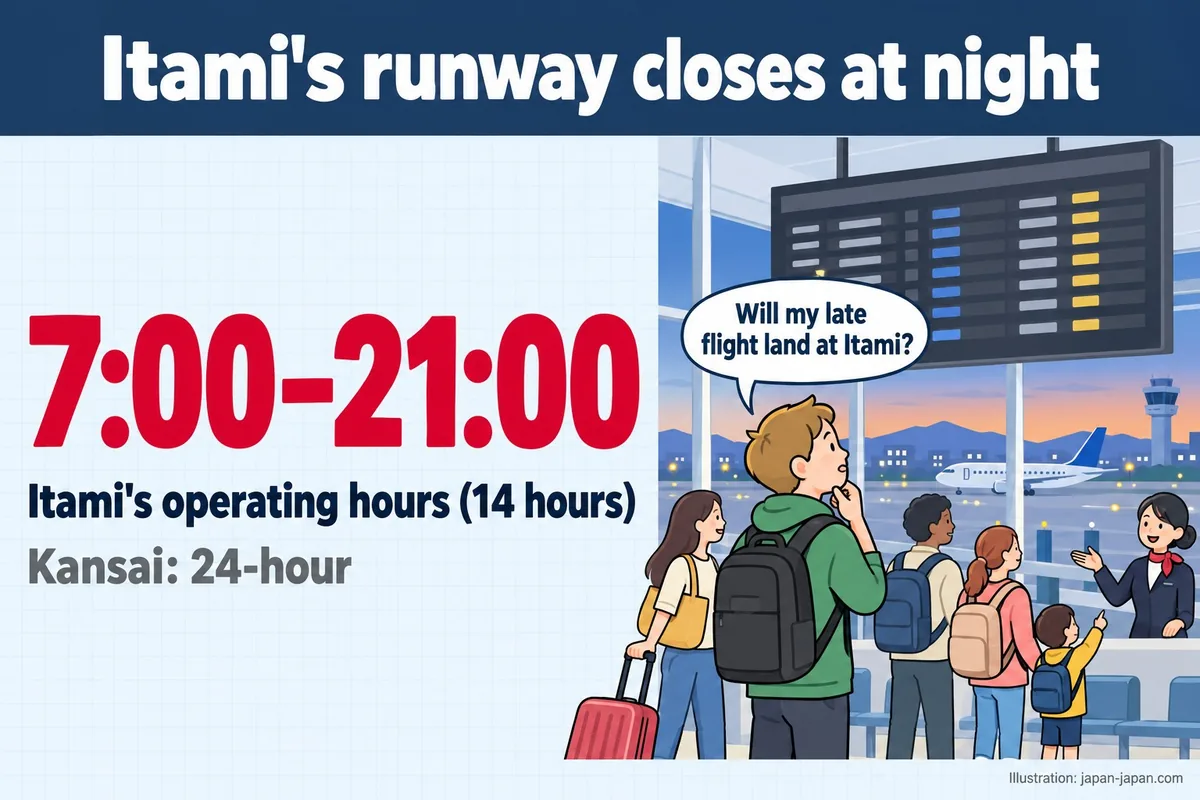 Itami's runway closes at night. 7:00–21:00. Itami's operating hours (14 hours). Kansai: 24-hour.