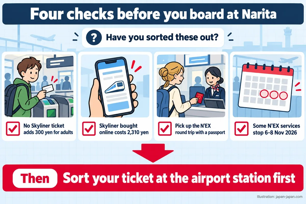 Four checks before you board at Narita. Have you sorted these out? No Skyliner ticket adds 300 yen for adults.