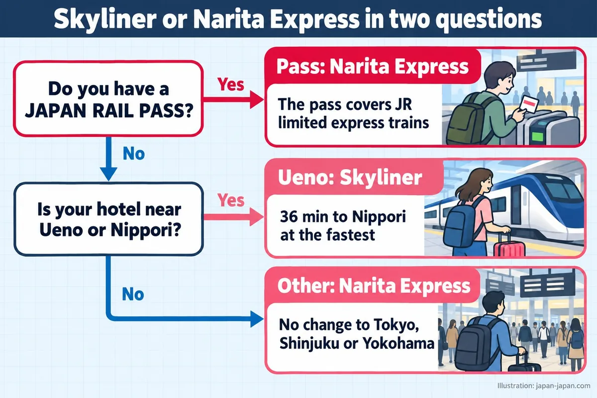 Skyliner or Narita Express in two questions. Do you have a JAPAN RAIL PASS? Is your hotel near Ueno or Nippori? Pass: Narita