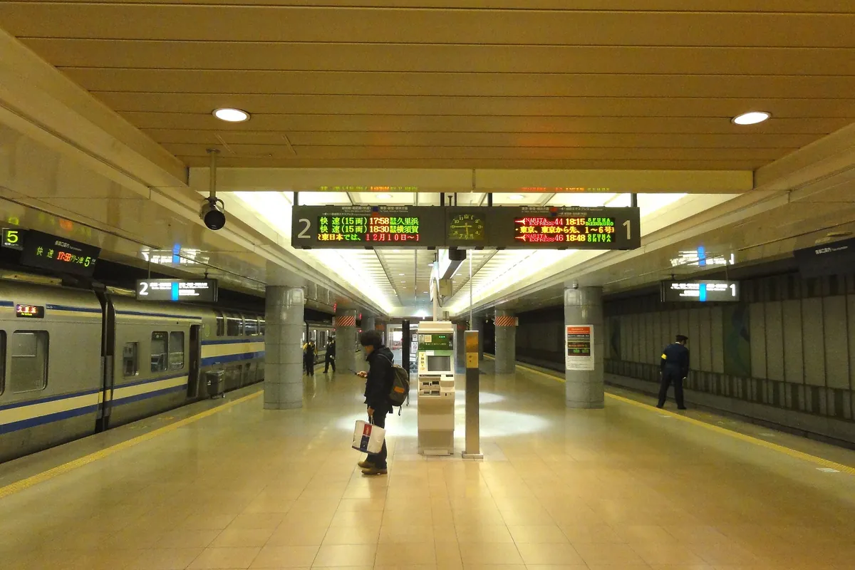 An underground platform at a train station with a train, departure boards and a passenger standing nearby