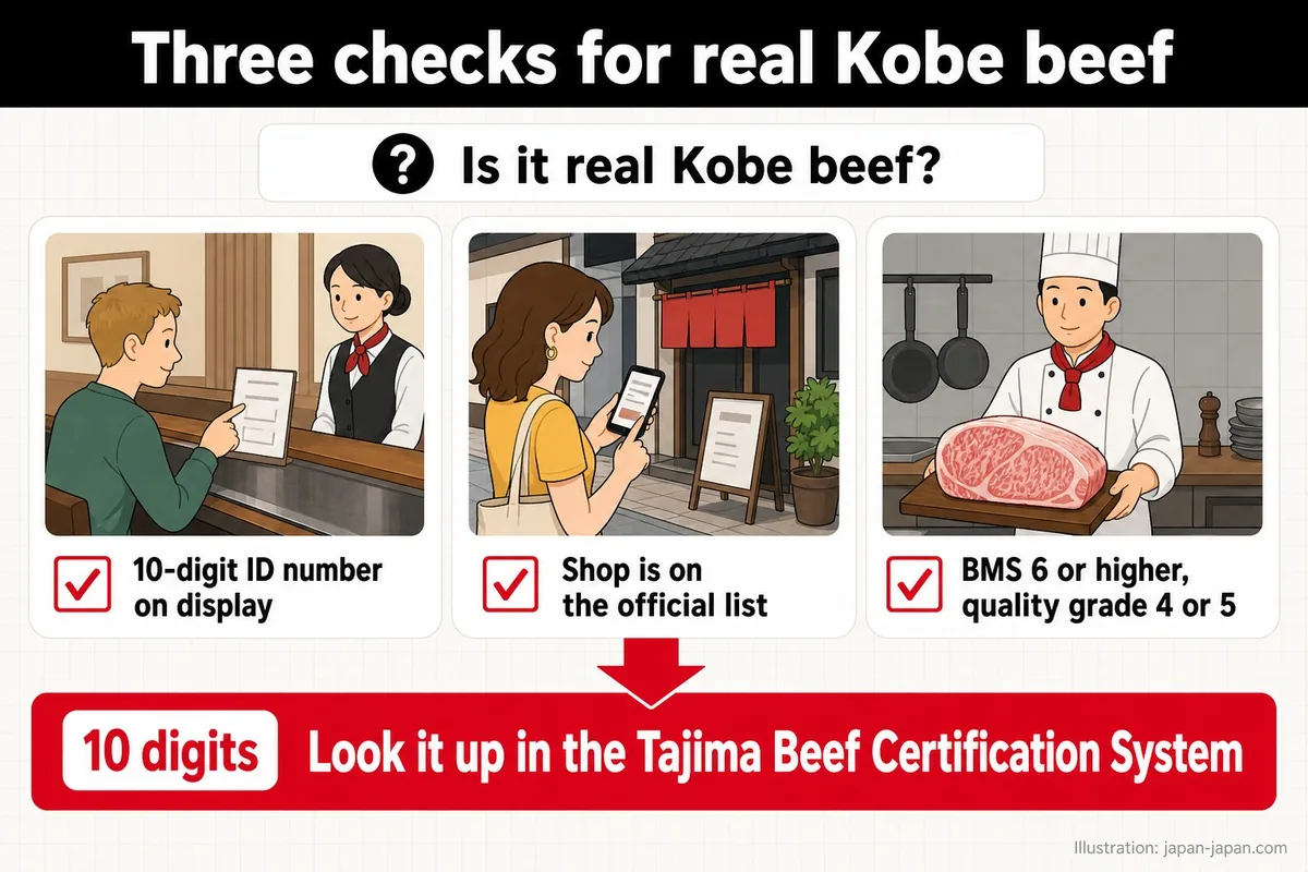 Three checks for real Kobe beef. Is it real Kobe beef? 10-digit ID number on display. Shop is on the official list.