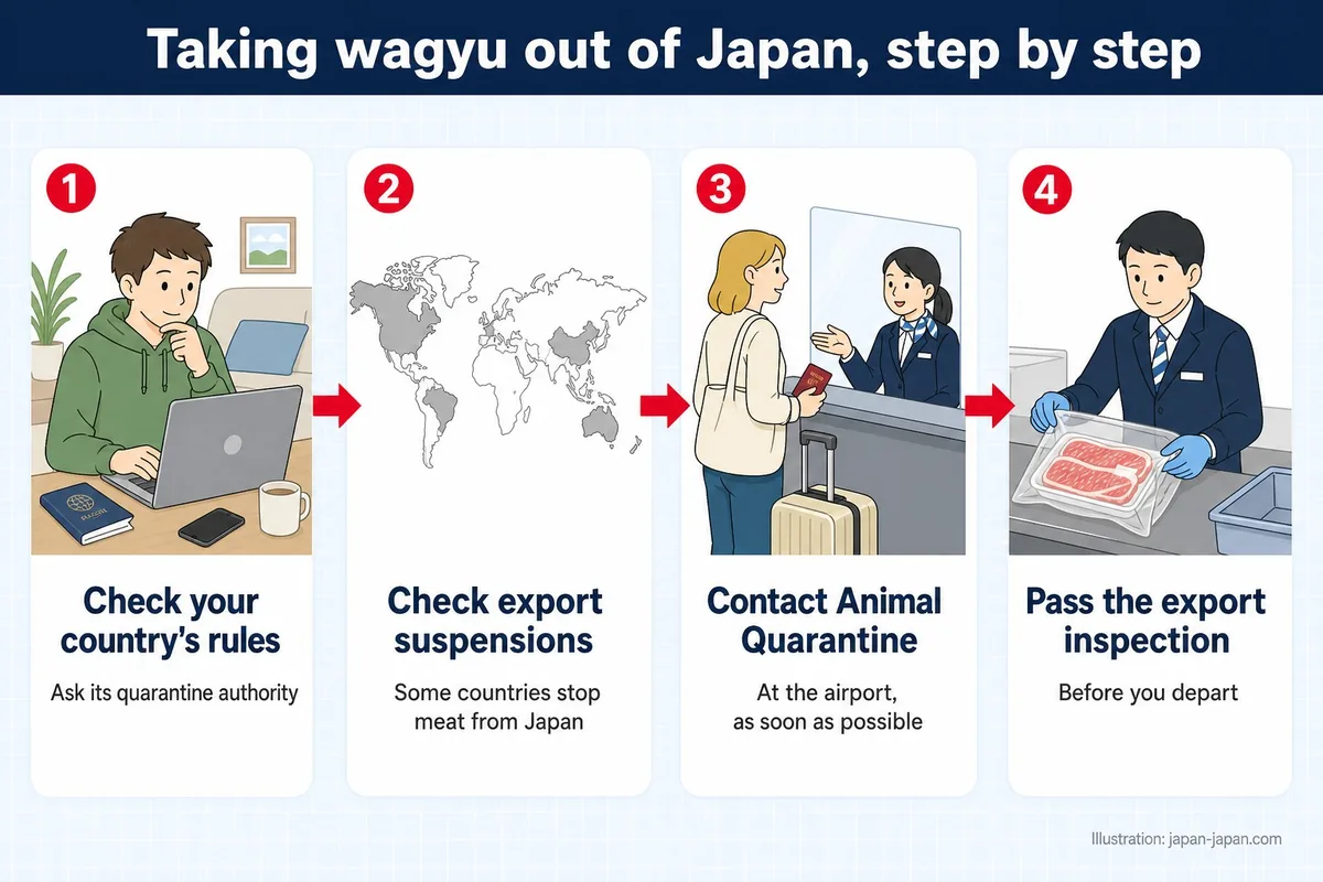 Taking wagyu out of Japan, step by step. Check your country's rules. Ask its quarantine authority. Check export suspensions.