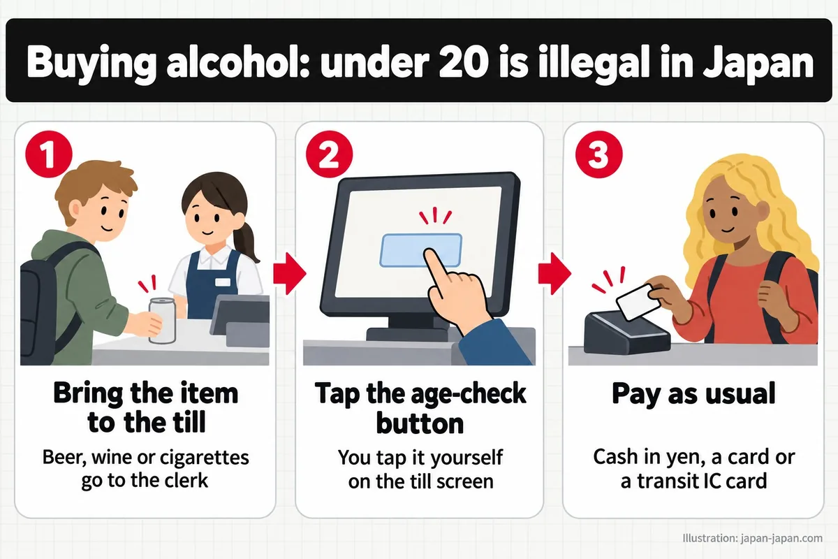 Buying alcohol: under 20 is illegal in Japan. Bring the item to the till. Beer, wine or cigarettes go to the clerk.