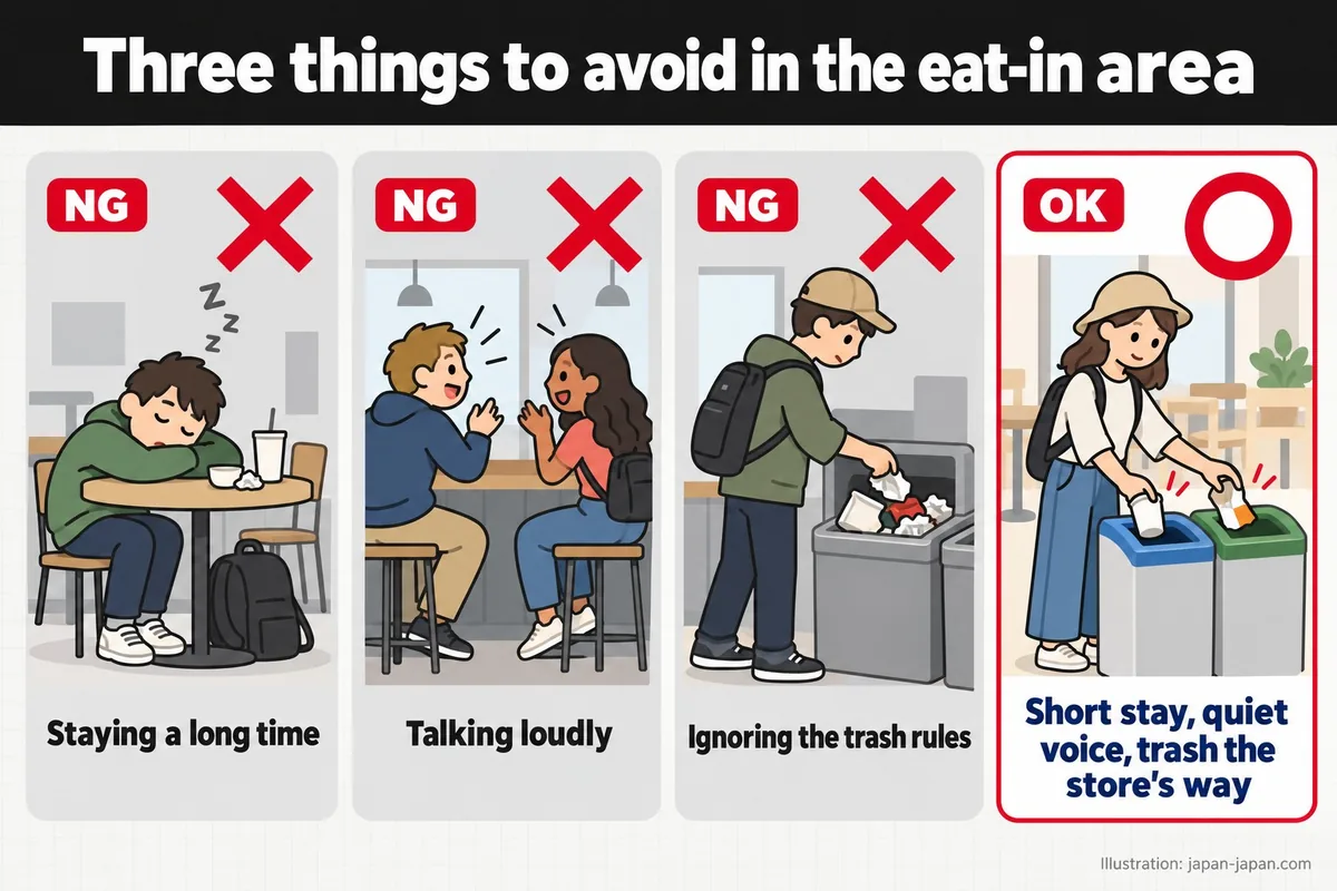 Three things to avoid in the eat-in area. Staying a long time. Talking loudly. Ignoring the trash rules.