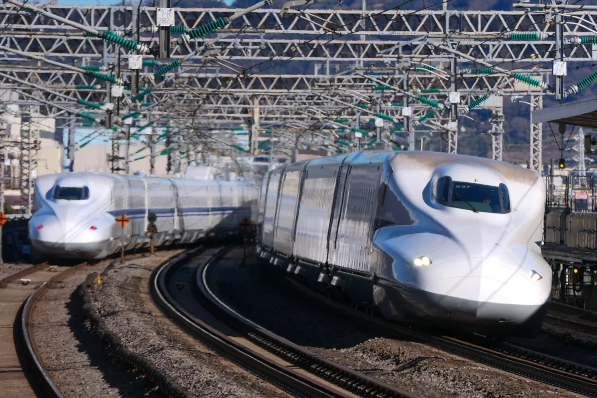 Two Tokaido Shinkansen N700A trains passing each other at Odawara Station in 2020