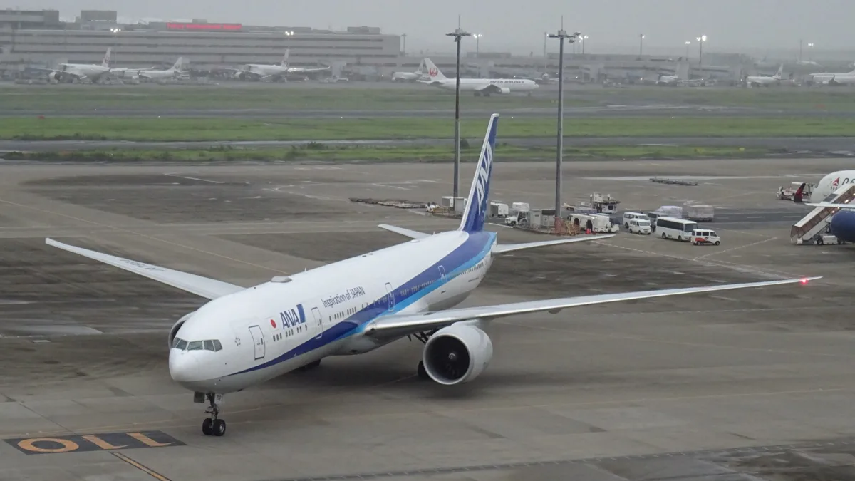 An All Nippon Airways Boeing 777-300ER taxiing at Haneda Airport, in 2024