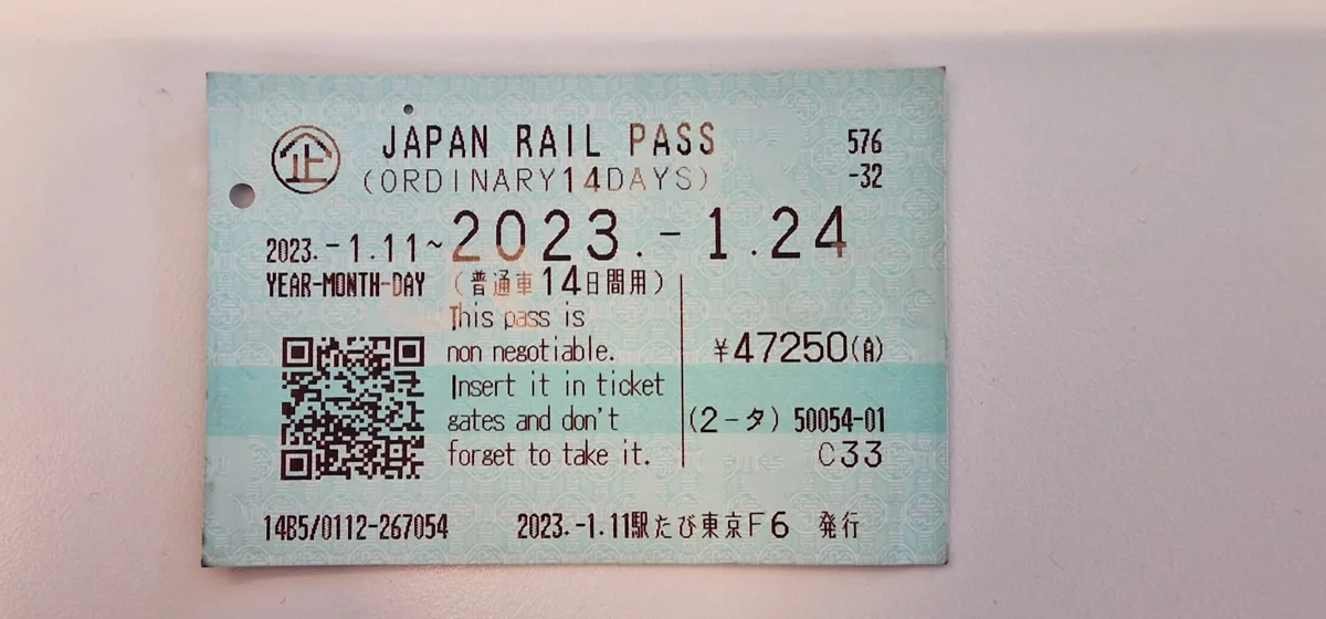 A Japan Rail Pass ticket for 14 days in ordinary class, valid from 11 to 24 January 2023, with a QR code and the note to.