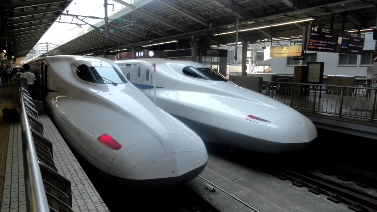 Two Tokaido Shinkansen N700 series trains side by side at Kyoto Station in 2018