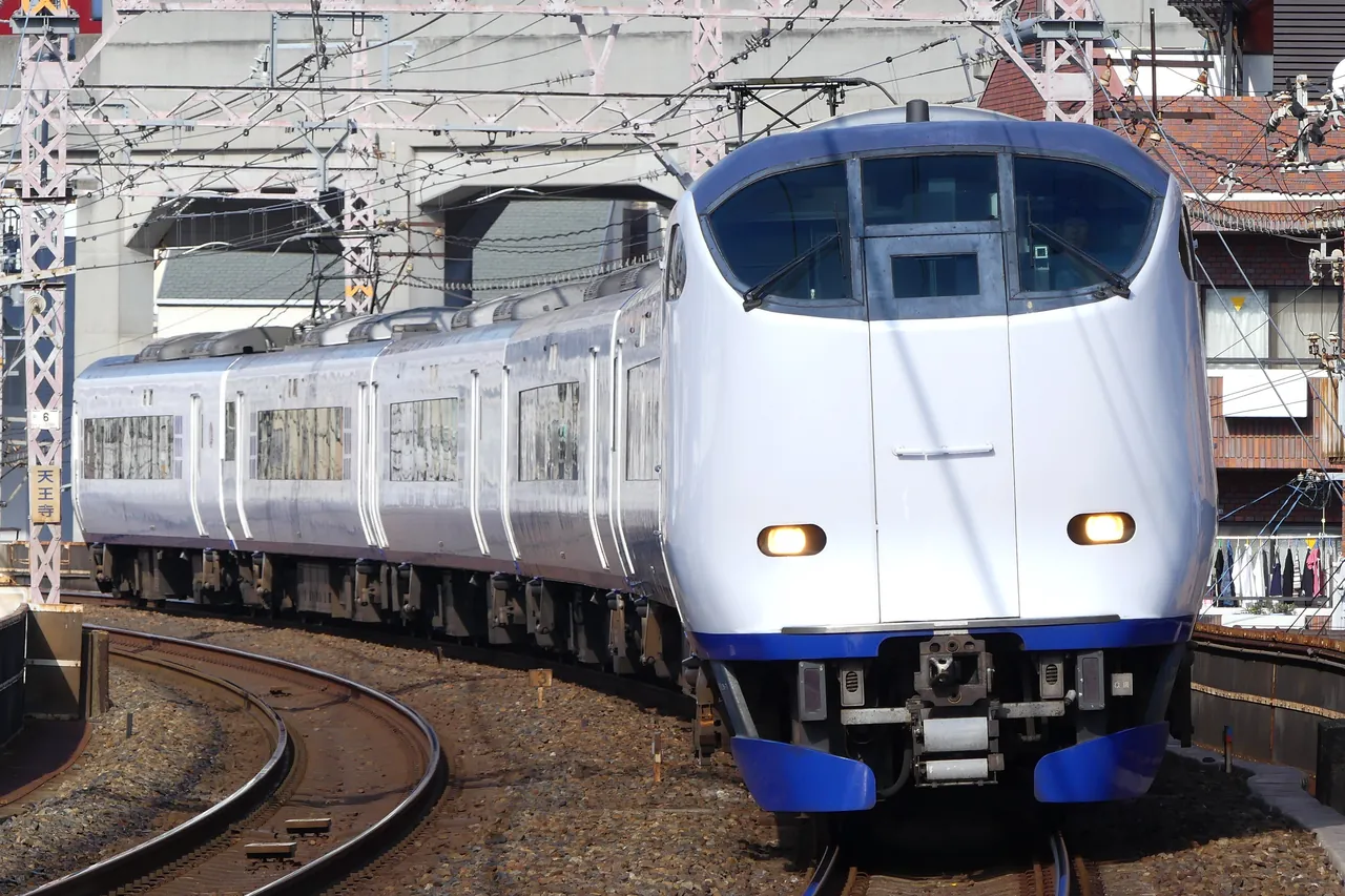 JR West Haruka limited express train on the Hanwa Line near Tennoji