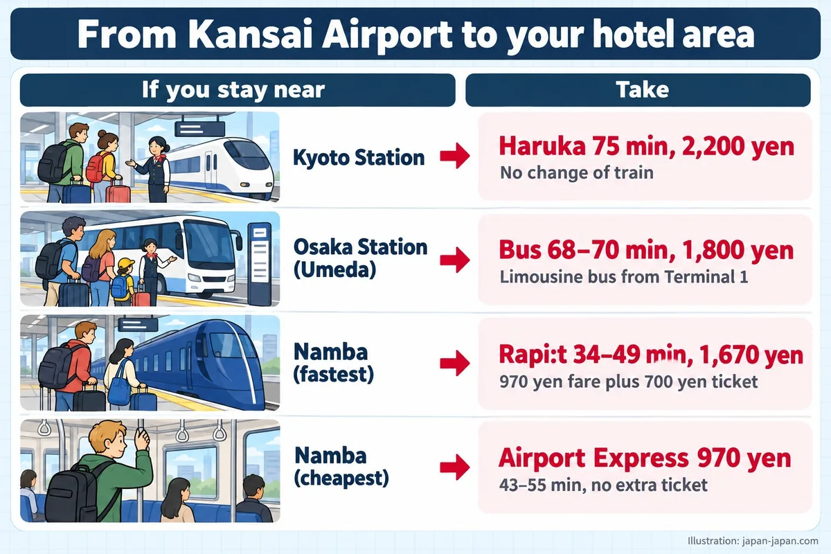 From Kansai Airport to your hotel area. If you stay near. Take. Kyoto Station. Haruka 75 min, 2,200 yen. No change of train.