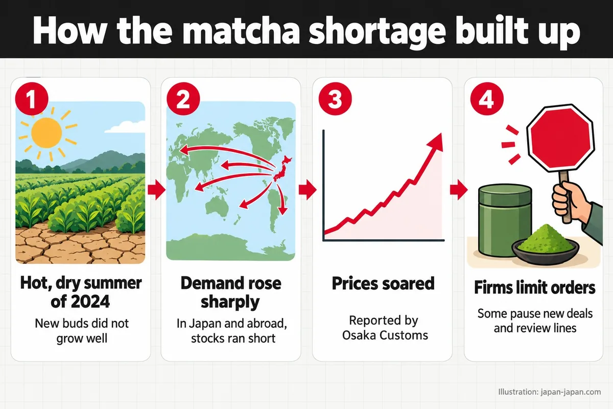 How the matcha shortage built up. Hot, dry summer of 2024. New buds did not grow well. Demand rose sharply.