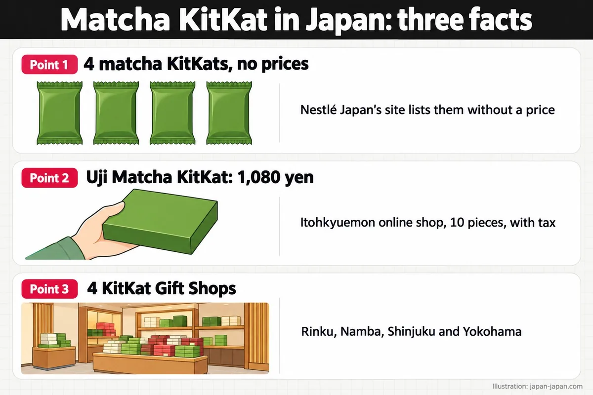 日本の抹茶キットカット：3つの事実。ポイント1。抹茶キットカット4種類、価格表示なし。ネスレ日本のサイトには価格表示がありません。