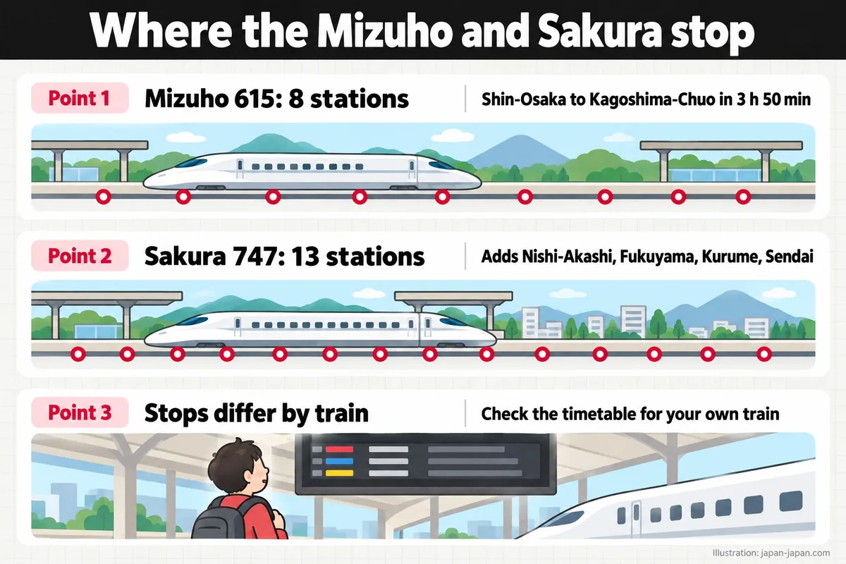 Where the Mizuho and Sakura stop. Point 1. Mizuho 615: 8 stations. Shin-Osaka to Kagoshima-Chuo in 3 h 50 min. Point 2.