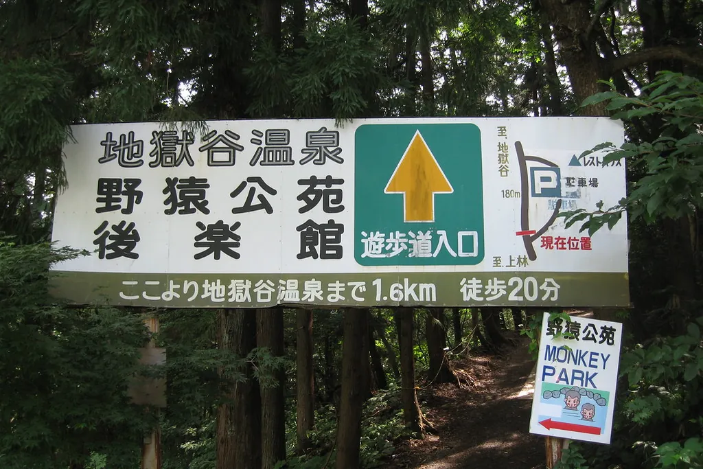 Signpost for Jigokudani Hot Spring and Monkey Park at the entrance of a forest trail