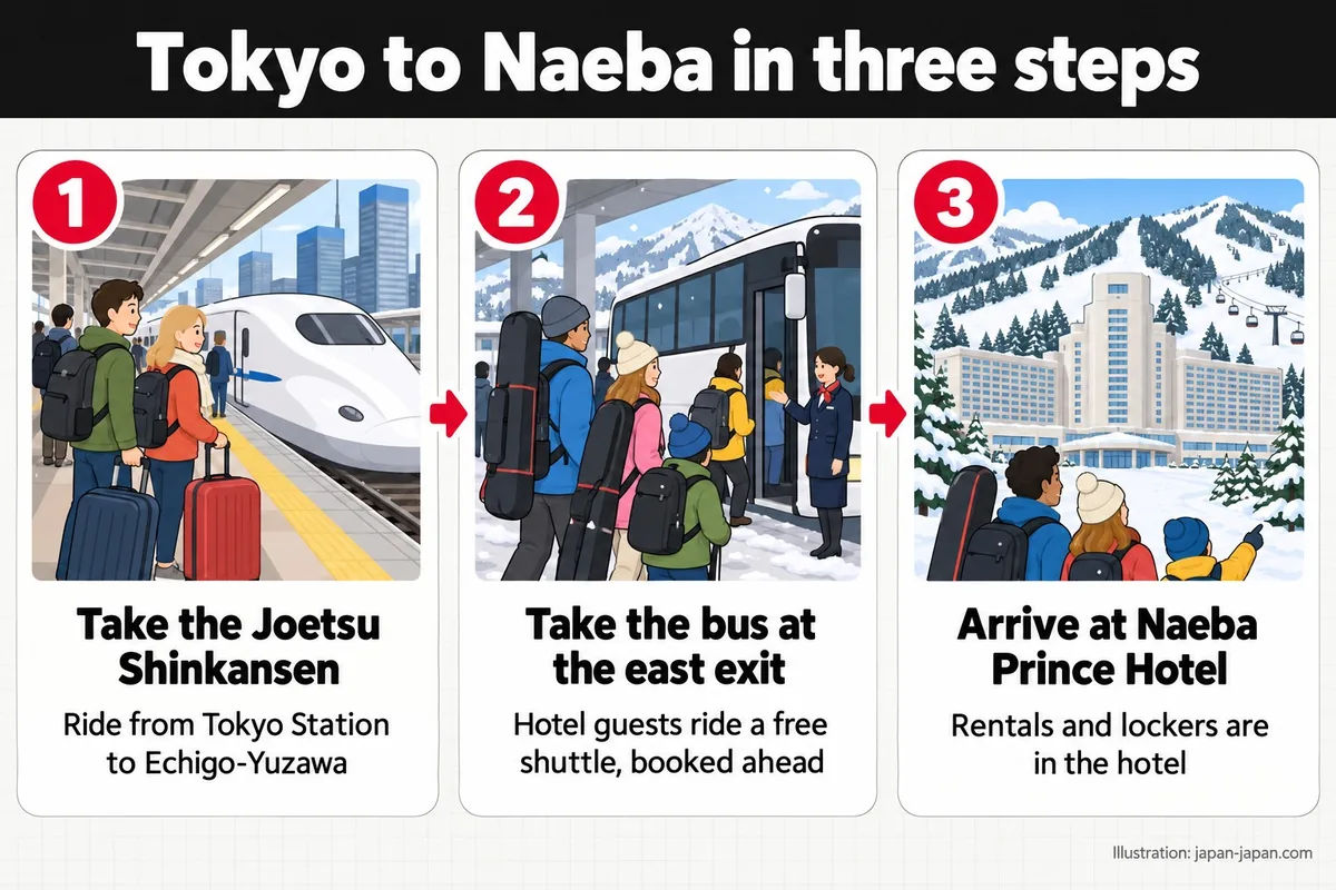 東京から苗場まで3ステップ。上越新幹線に乗る。東京駅から越後湯沢まで乗車。