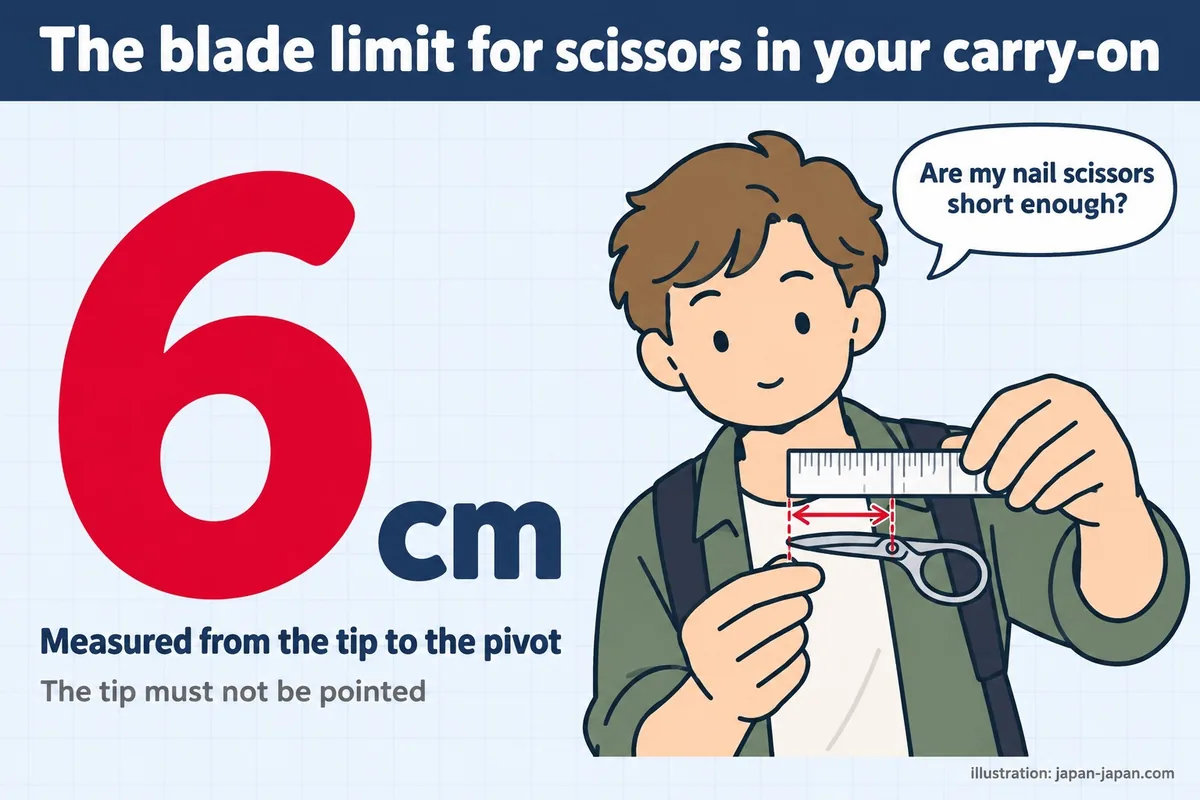 The blade limit for scissors in your carry-on. 6cm. Measured from the tip to the pivot. The tip must not be pointed.