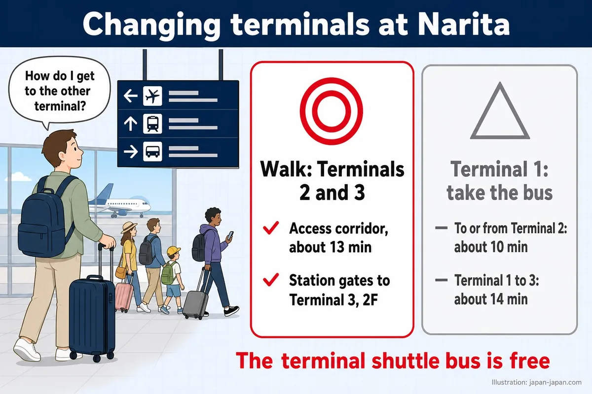 Changing terminals at Narita. How do I get to the other terminal? Walk: Terminals 2 and 3. Access corridor, about 13 min.