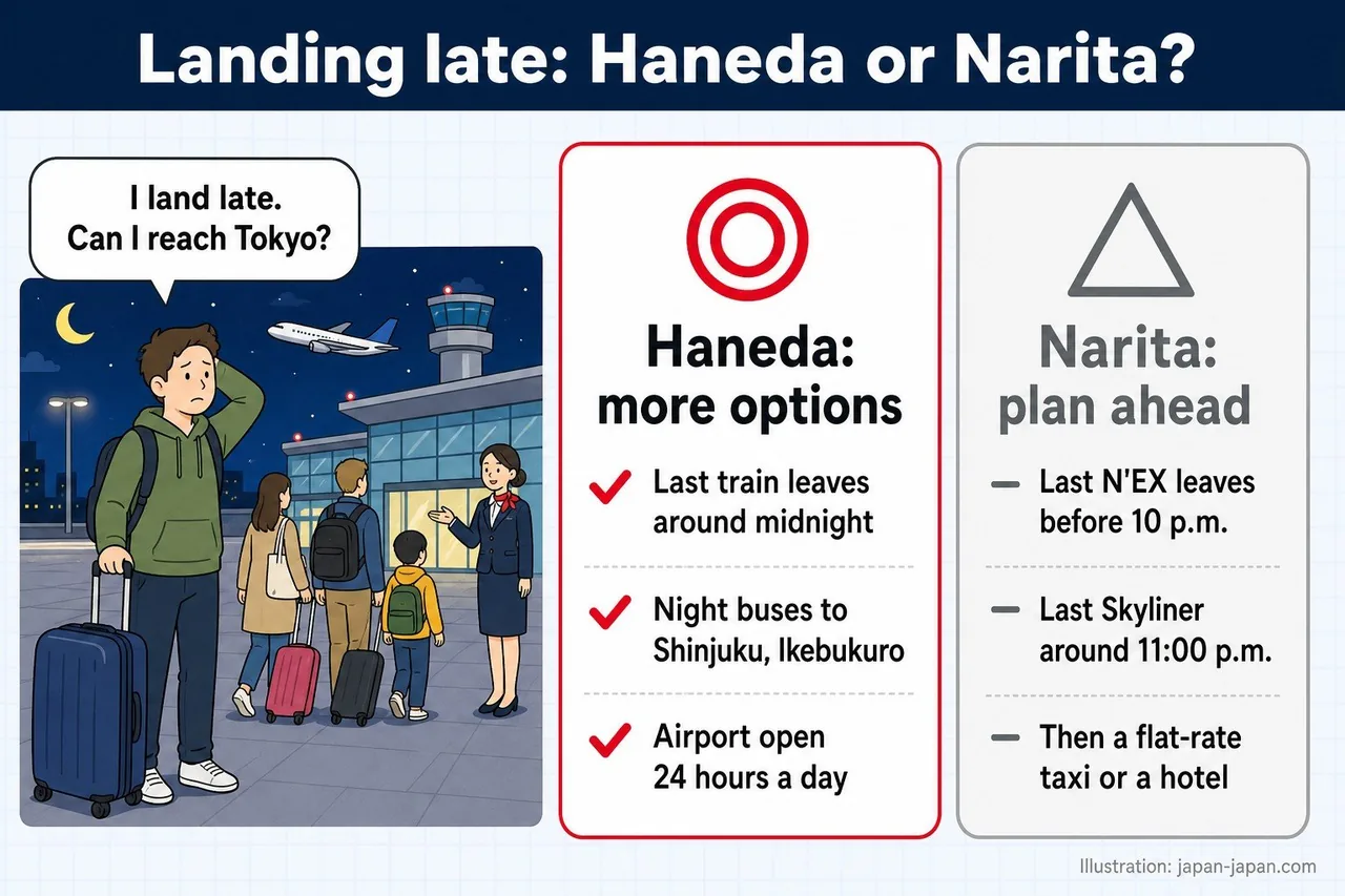 深夜在Haneda还是Narita落地：Haneda的电车开到午夜前后，还有深夜巴士；Narita的末班车发车更早