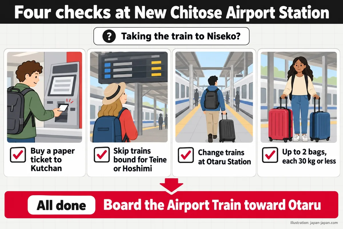 Four checks at New Chitose Airport Station. Taking the train to Niseko? Buy a paper ticket to Kutchan.