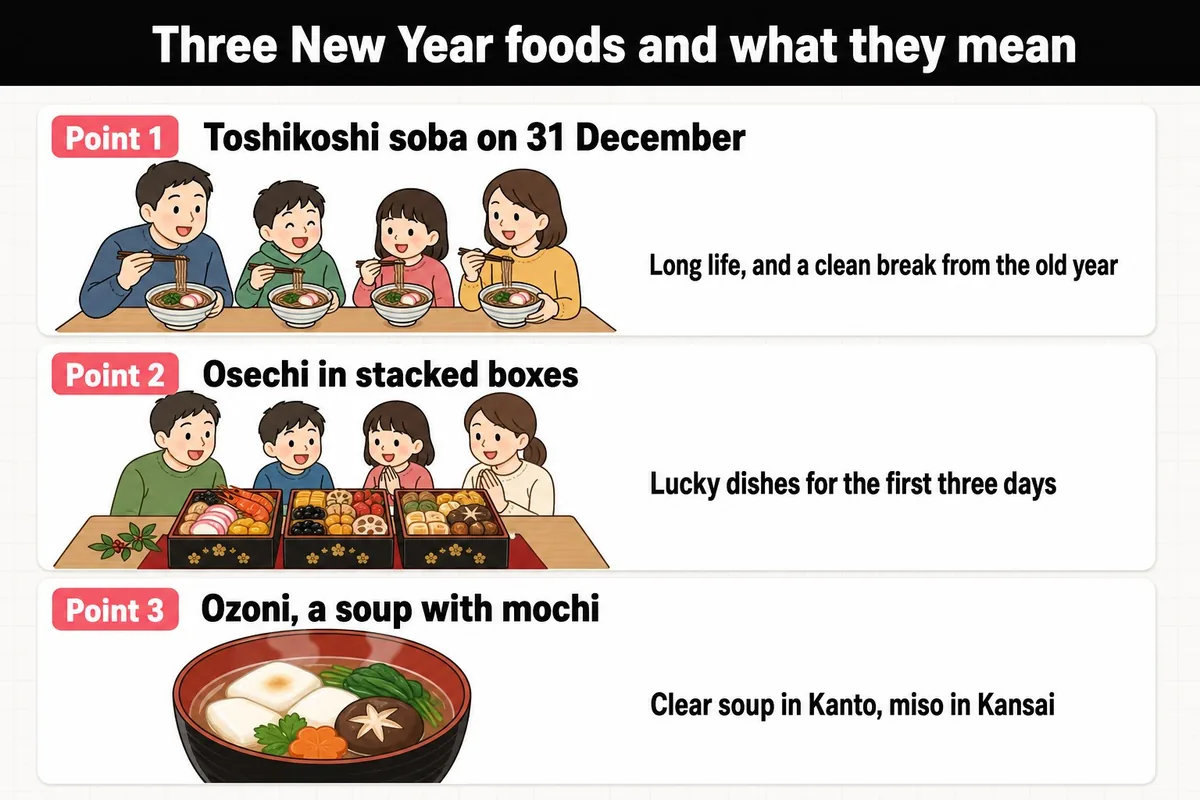 お正月の食べ物3つとその意味。1つ目は12月31日の年越しそば。