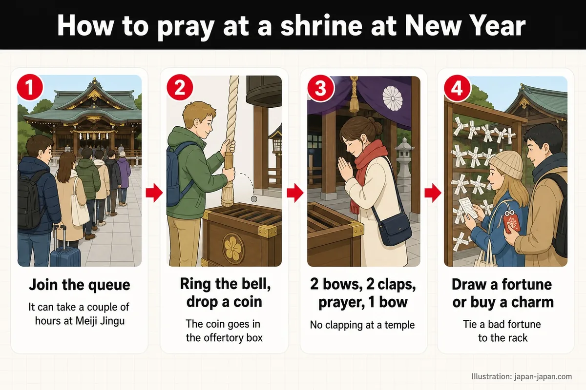 お正月に神社で参拝する方法。行列に並びます。明治神宮では数時間かかることもあります。