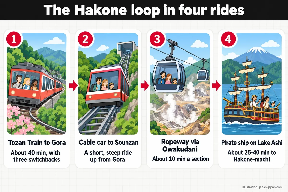 The Hakone loop in four rides. Tozan Train to Gora. About 40 min, with three switchbacks. Cable car to Sounzan.