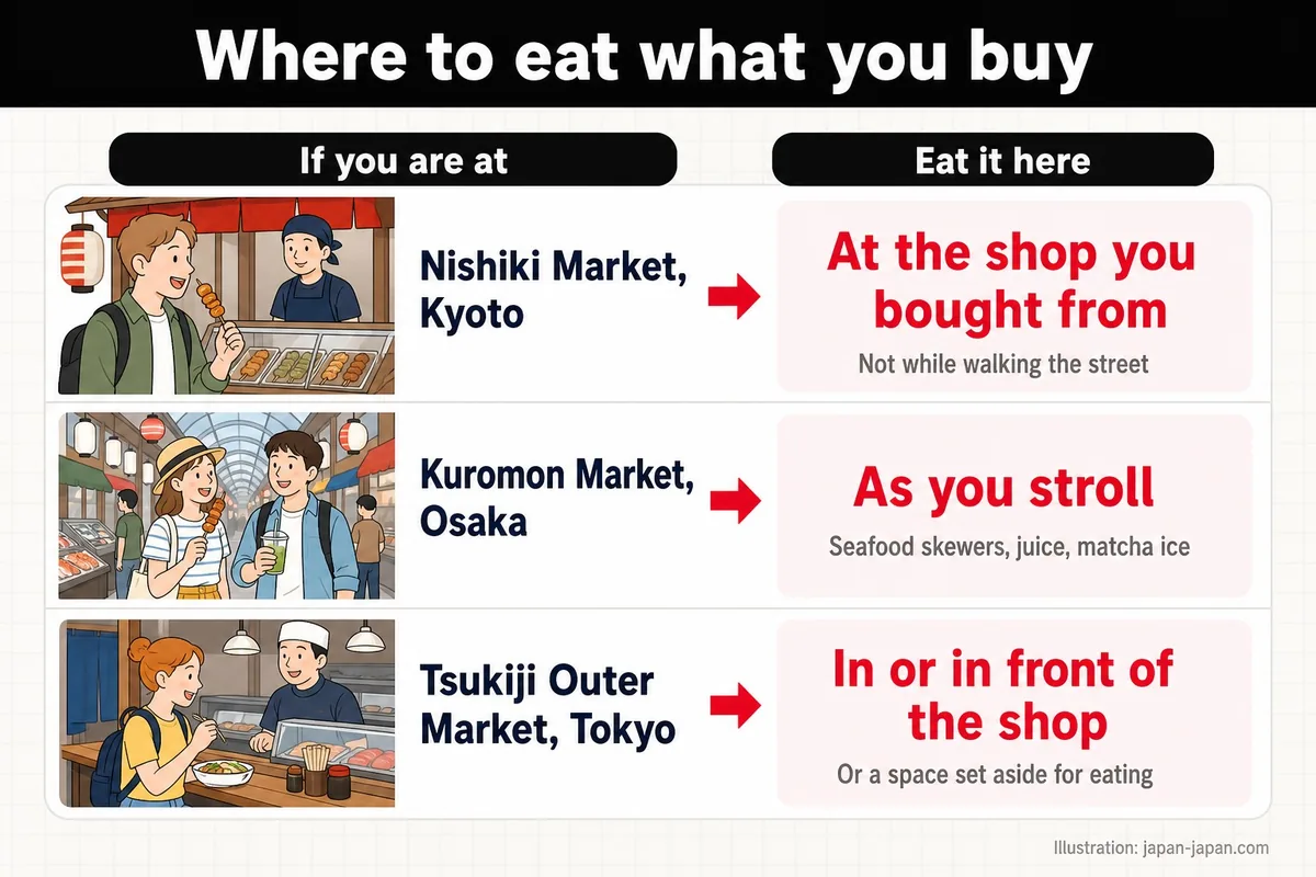 Where to eat what you buy. If you are at. Eat it here. Nishiki Market, Kyoto. At the shop you bought from.